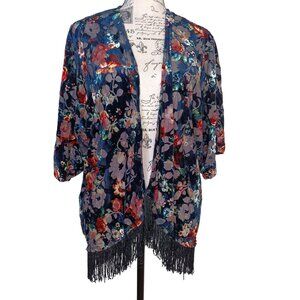 Floral Burnout Large Velvet Cardigan, Teal, Floral Flower Fringe, Lagenlook